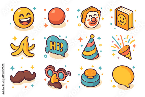 Comedy Icons Collection. Colorful isometric vector icons set of Comedy Genre: laughing emoji, clown nose, whoopee cushion, joke book, banana peel, giggle