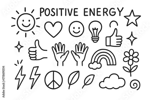 Positive Energy Icons. Hand-drawn doodle illustration Positive Energy sun, heart, smiley face, lightbulb, star, spark, thumbs up, open hands, rainbow, flower,