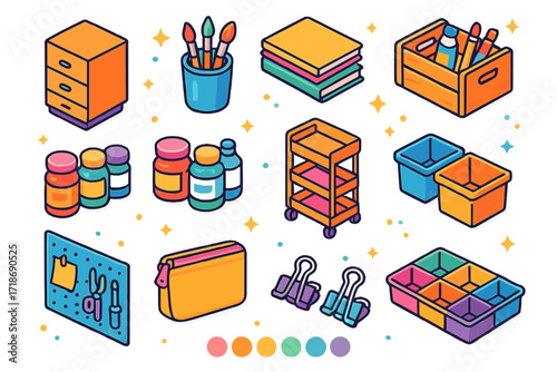 Colorful Art Supplies Icons. Colorful isometric vector icons set of art supplies storage: drawer cabinet, paintbrush cup, sketchbook stack, supply crate,