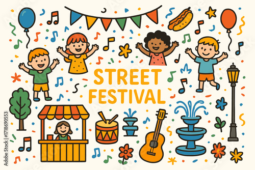 Colorful Street Festival. Street festival. Colorful Hand-drawn doodle Children illustration music note, balloon, food stall, flag, confetti, star, heart,