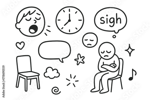 Bored Audience Doodles. Hand-drawn doodle illustration Audience boredom [yawning face, clock, sigh bubble, slouching figure, empty chair, comic bubble, heart,