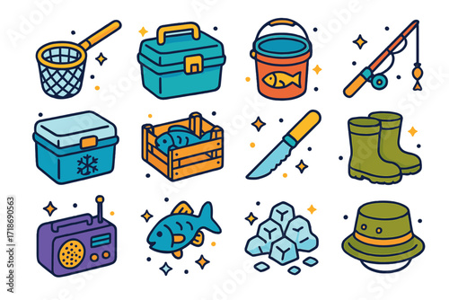 Fishing Gear Icons. Colorful isometric vector icons set of fishing quay: fishing net, tackle box, bait bucket, fishing rod, cold storage box, fish crate,