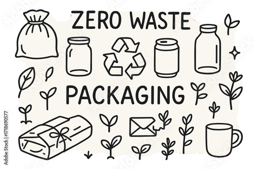 Zero Waste Doodles. Hand-drawn doodle illustration Zero waste packaging [cloth bag, glass jar, bottle, can, cardboard box, paper wrap, recycling symbol, leaf,