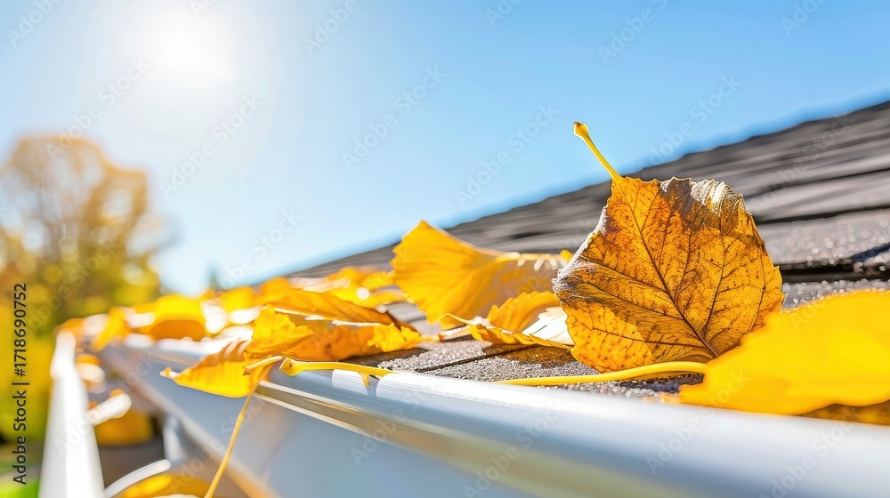 Obraz premium Golden autumn leaves collected in a residential gutter and scattered on roof shingles against a clear blue sky, sunny fall day