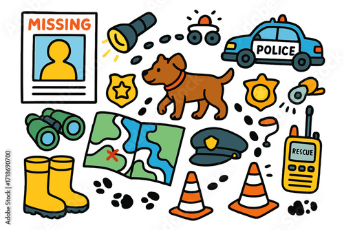 Search Effort Doodle. Colorful Hand-drawn doodle Children illustration Missing Person Search effort poster, flashlight, police car, binoculars, photo, map,