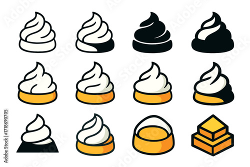 Cream Topping Logo Designs. Set Logo of Fatty Cream Topping: Cream peak on pastry. Logo set in vector style, emblematic variations. line, bold thick line,