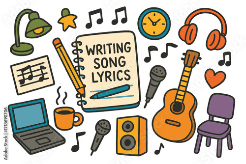 Creative Songwriting Doodles. Colorful Hand-drawn doodle Children illustration Writing song lyrics [notebook, pencil, sheet music, music notes, guitar, coffee