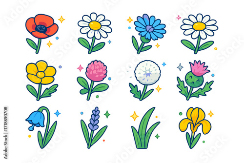 Isometric Meadow Flowers. Colorful isometric vector icons set of meadow flowers: poppy, chamomile, cornflower, daisy, buttercup, clover flower, dandelion puff,