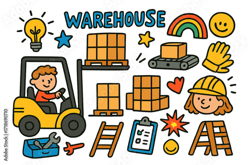 Playful Warehouse Doodles. Colorful Hand-drawn doodle Children illustration Warehouse Forklift Work [forklift, pallet, stacked boxes, conveyor belt, toolbox,