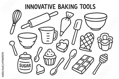 Innovative Baking Tools. Hand-drawn doodle illustration Innovative baking tools, whisk, rolling pin, piping bag, mixing bowl, spatula, measuring cup, oven