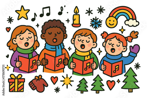 Festive Choir Doodle. Colorful Hand-drawn doodle Children illustration Choir Singing Carols [choir group, songbook, music note, star, candle, snowflake, bell,