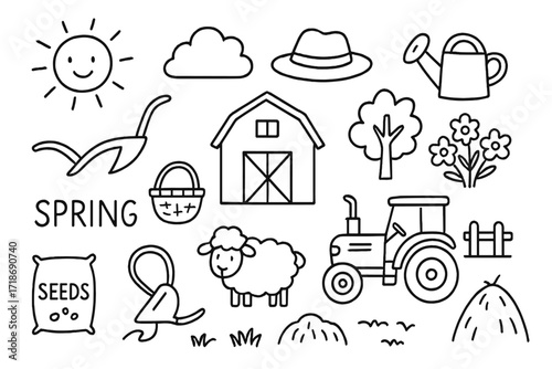 Spring Farming Doodle. Hand-drawn doodle illustration Seasonal farming scenes Spring, sun, cloud, tree, plow, watering can, farmer hat, basket, flowers, barn,