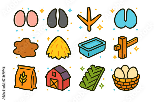 Isometric Farm Icons. Colorful isometric vector icons set of Farm Animal Tracks: pig hoofprint, cow hoofprint, chicken scratch, sheep track, mud patch,