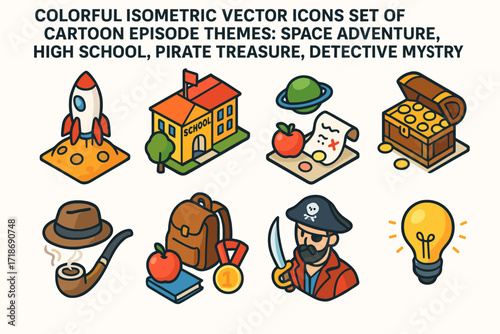 Cartoon Space Adventure. Colorful isometric vector icons set of cartoon episode themes: space adventure, high
