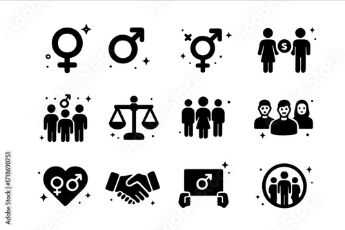 Gender Equality Icons. Gender Equality. Solid icons set of female symbol, male symbol, gender-neutral symbol, equal pay, diverse workplace, balance scale,