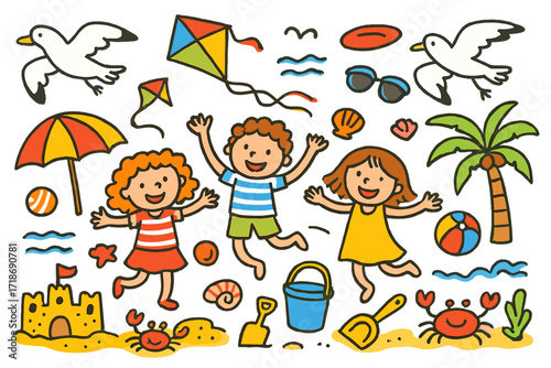 Beachside Fun Doodles. Colorful Hand-drawn doodle Children illustration Seagulls flying with children on the beach seagulls, kite, frisbee, bucket, spade,