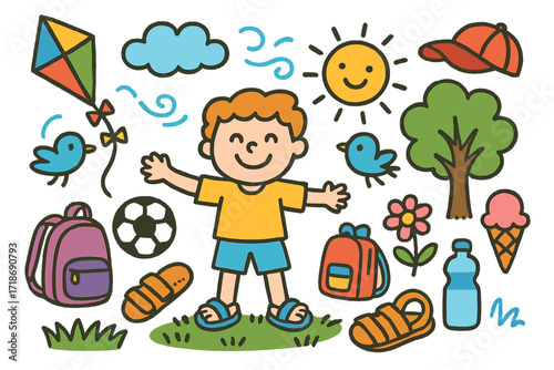 Playful Outdoor Fun. Colorful Hand-drawn doodle Children illustration Outdoor Play with Sandals sandals, soccer ball, grass, kite, cloud, smiling child, sun,