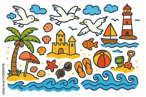 Beach Doodle Delight. Colorful Hand-drawn doodle Children illustration Seagulls flying over the beach seagulls, ocean waves, seashells, starfish, sandcastle,
