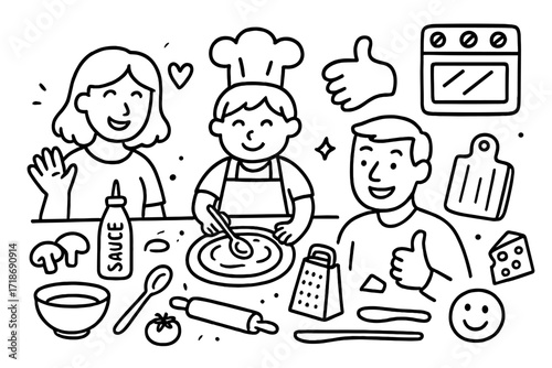Family Pizza Fun. Hand-drawn doodle illustration Family making pizza together child chef hat, pizza base, sauce bottle, cheese shredder, tomato, mushroom,