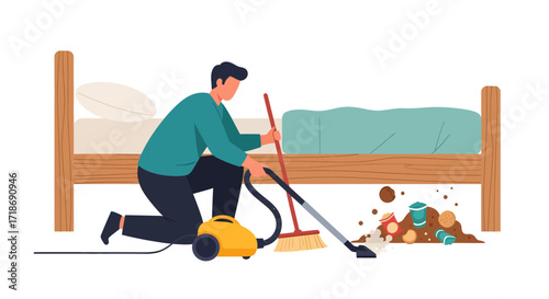 A man kneeling, using a vacuum cleaner and broom to clean up a mess under a bed against a white background, in a flat-lay illustration with a clean and efficient mood.