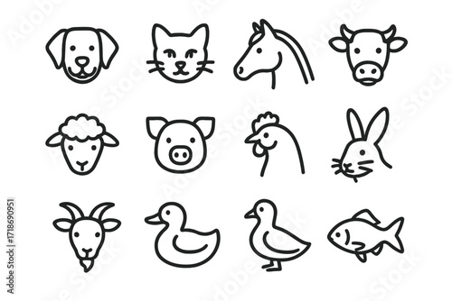 Animal Breed Icons. Breed. Line icon set of breed: dog breed, cat breed, horse breed, cow breed, sheep breed, pig breed, chicken breed, rabbit breed, goat
