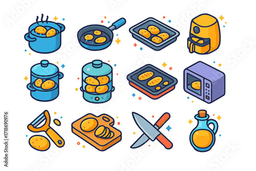 Potato Cooking Icons. Colorful isometric vector icons set of Potato cooking methods: boiling pot, frying pan, baking tray, air fryer, deep fryer, steamer