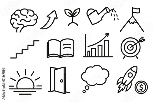 Entrepreneurial Growth Icons. Hand-drawn doodle illustration entrepreneurial growth mindset brain, arrow up, seedling, watering can, mountain, staircase, book,