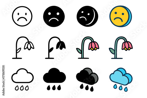 Mood Icon Set. Icon Set of Low Mood: Sad face, Drooping flower, Rain cloud. Icons set in vector style, emblematic variations. Sad face line, Sad face solid