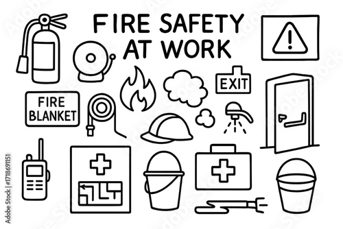 Workplace Fire Safety Icons. Hand-drawn doodle illustration [fire safety at work] [fire extinguisher, alarm bell, flame, exit sign, smoke, fire blanket, hose,
