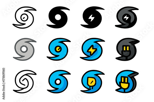 Hurricane Logo Designs. Set Logo of Severe Hurricanes: Power outage icon. Logo set in vector style, emblematic variations. line, bold thick line, solid black