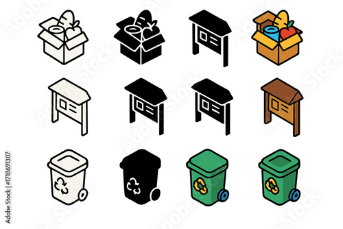 Community Icon Set. Icon Set of Community Involvement: Local food drive, Neighborhood board, Recycling event. Icons set in vector style, emblematic variations.