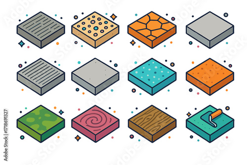 Concrete Texture Icons. Colorful isometric vector icons set of concrete textures and finishes: brushed concrete, exposed aggregate, stamped stone pattern,