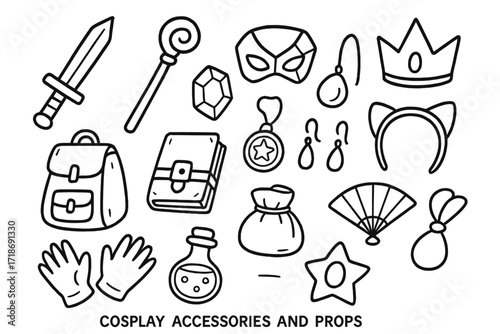 Cosplay Accessories Icons. Hand-drawn doodle illustration [Cosplay accessories and props] [sword, staff, mask, gem, backpack, book, medallion, pouch, crown,