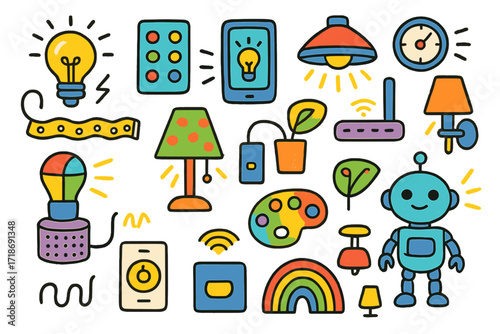 Smart Home Doodle. Colorful Hand-drawn doodle Children illustration volcano village village houses, volcano mountain, lava river, tree, road, bicycle, people,