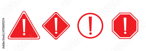 Warning, precaution, attention, alert icon, exclamation mark in the triangle shape. Symbol or icon for web site, logo, UI design. Flat vector illustration. Set of road signs, Traffic signs. Stop.EPS10