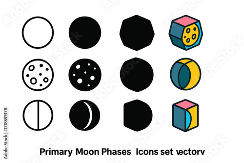 Lunar Icon Sets. Icon Set of Primary Moon Phases: New Moon, Full Moon, First Quarter. Icons set in vector style, emblematic variations. New Moon line, New Moon