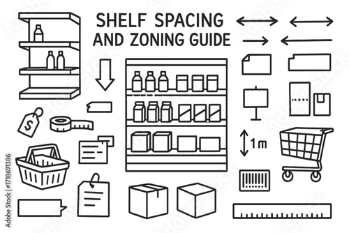Shelf Zoning Doodle Guide. Hand-drawn doodle illustration Shelf spacing and zoning guide Shelves, display racks, dividers, arrows, products, price tags,