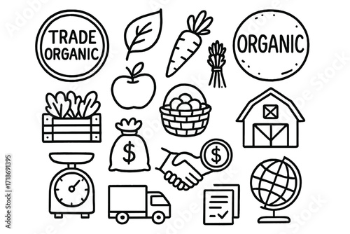 Organic Certification Icons. Hand-drawn doodle illustration organic certification and trade organic stamp, leaf, apple, carrot, wheat bundle, vegetable crate,