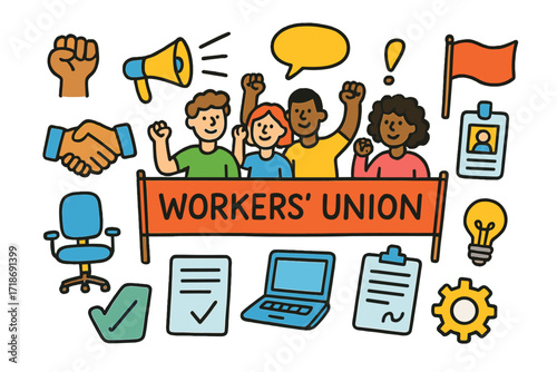 Colorful Workers' Union Icons. Colorful Hand-drawn doodle Children illustration Workers' Union group, banner, raised fists, handshake, contract, ID card,