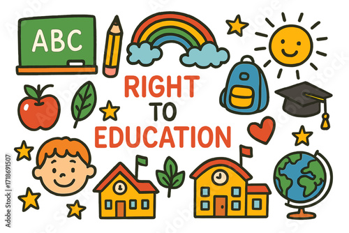 Children's Education Icons. Colorful Hand-drawn doodle Children illustration Right to education book, chalkboard, pencil, apple, smiling child,