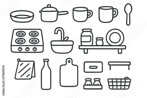 Tiny Kitchen Doodles. Hand-drawn doodle illustration Tiny kitchen essentials pan, pot, mug, spoon, stove, sink, shelf, towel, jar, plate, bottle, cutting