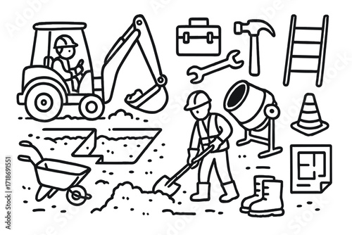 Construction Equipment Icons. Hand-drawn doodle illustration backhoe operators digging foundations backhoe, shovel, hard hat, safety vest, trench, foundation