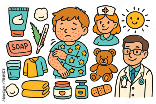 Child's Healing Essentials. Colorful Hand-drawn doodle Children illustration Skin rash itchy skin, cream tube, cotton ball, aloe vera, thermometer, soap bar,