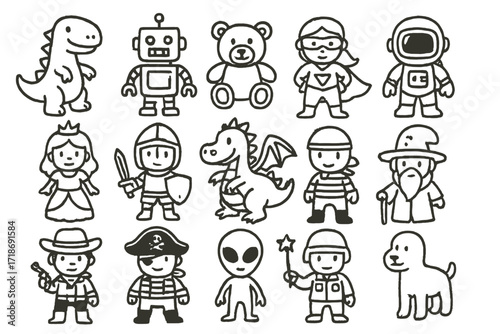 Toy Figures Doodle. Toy figures. Hand-drawn doodle illustration toy figures dinosaur, robot, teddy bear, superhero, princess, knight, dragon, astronaut,