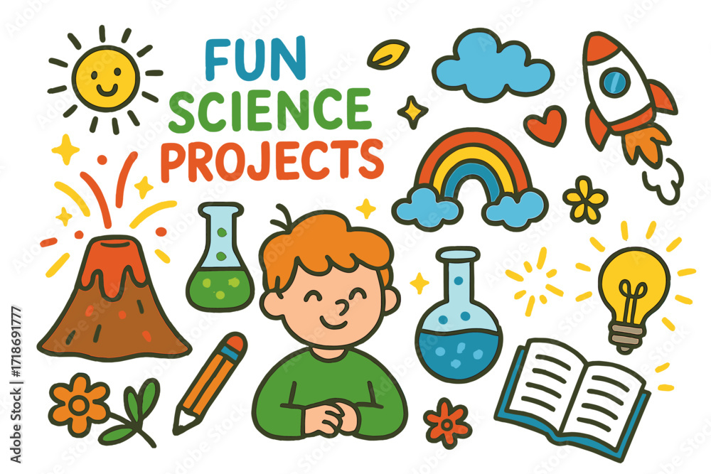 Naklejka premium Fun Science Doodle. Colorful Hand-drawn doodle Children illustration Fun Science Projects volcano experiment, test tube, beaker, rainbow liquid, sparkles,