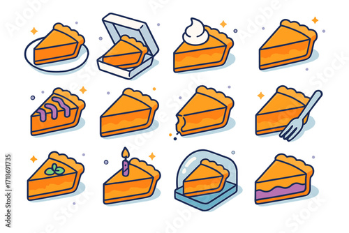 Colorful Pie Slice Icons. Colorful isometric vector icons set of Pie Presentation Styles: single slice on plate, pie slice in takeaway box, pie slice with
