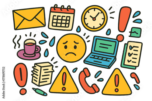 Client Pressure Doodles. Client Pressure. Colorful Hand-drawn doodle Children illustration email envelope, calendar, clock, laptop, exclamation mark, frowning