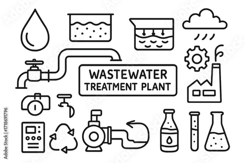 Wastewater Treatment Doodle. Hand-drawn doodle illustration wastewater treatment plant water droplet, filtration tank, sedimentation basin, pump, pipe, valve,