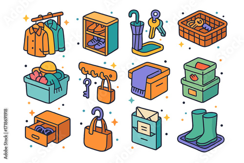 Colorful Entryway Icons. Colorful isometric vector icons set of entryway closet storage: hanging coats, shoe cubby rack, umbrella stand, key basket, seasonal
