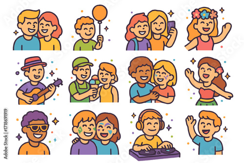 Festival Smiles Icons. Colorful isometric vector icons set of smiling faces at a summer festival: laughing couple, child with balloon, friends taking selfies,